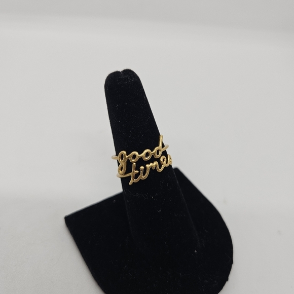 gold tone stacking rings good times spellout cursive size 6.75 - Picture 1 of 4